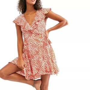 FREE PEOPLE French Quarter Wrap Mini Dress, Orange/Tan/White Print, Women's XS